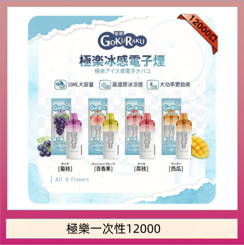 極樂一次性12000 【8種口味】極楽 12000口一次性電子煙|超大容量 |口感絲滑|新品